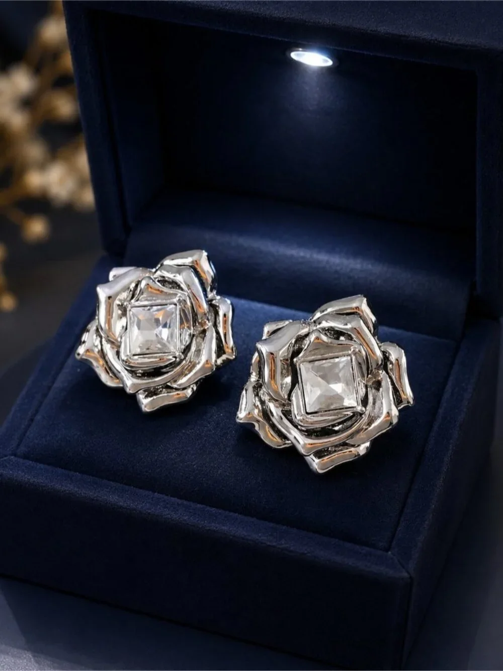 Silver Rose Stud Earrings with Clear Square Crystal - Women Jewelry